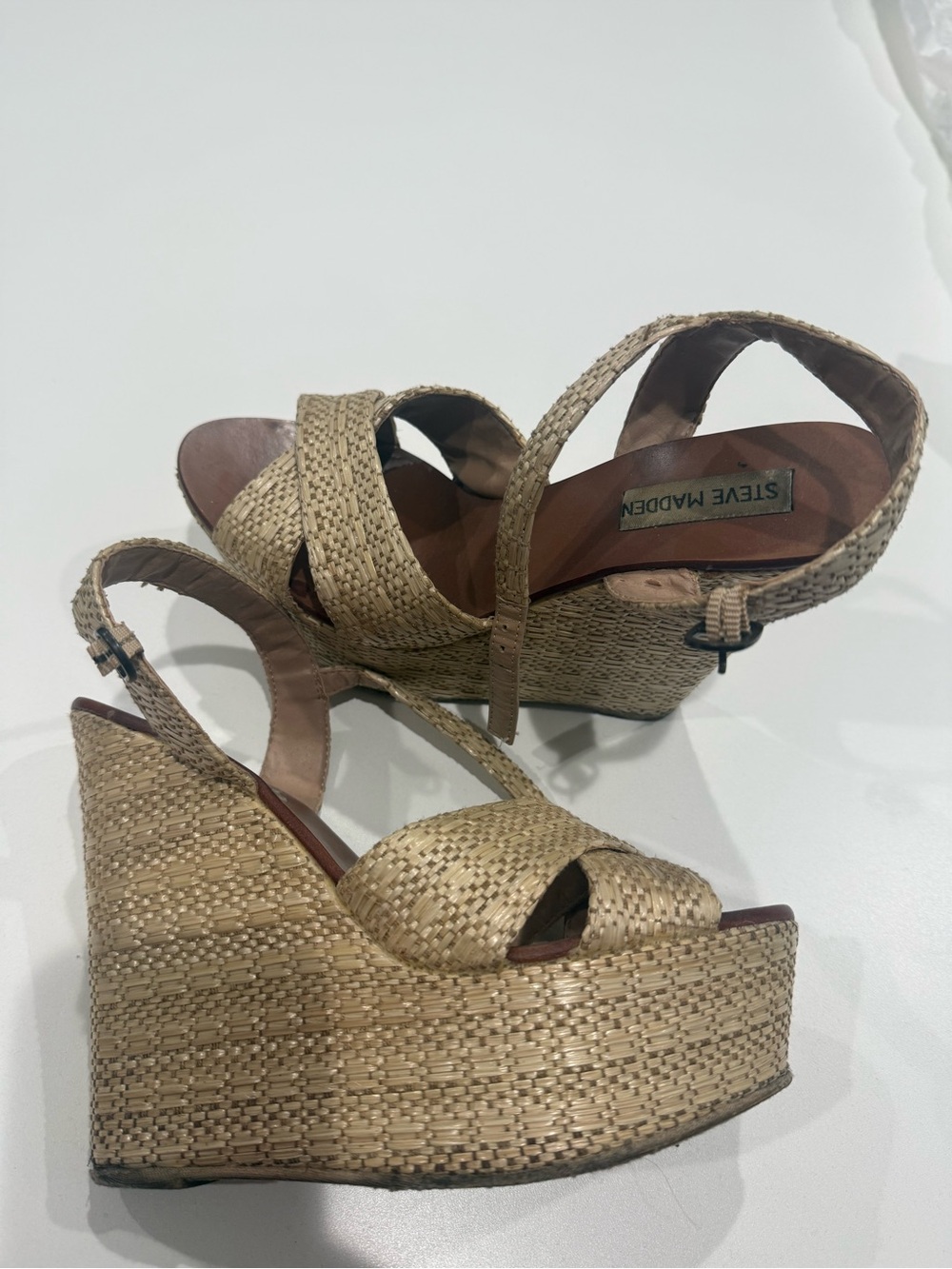 Steve Madden Beige Woven Platform Wedge Sandals